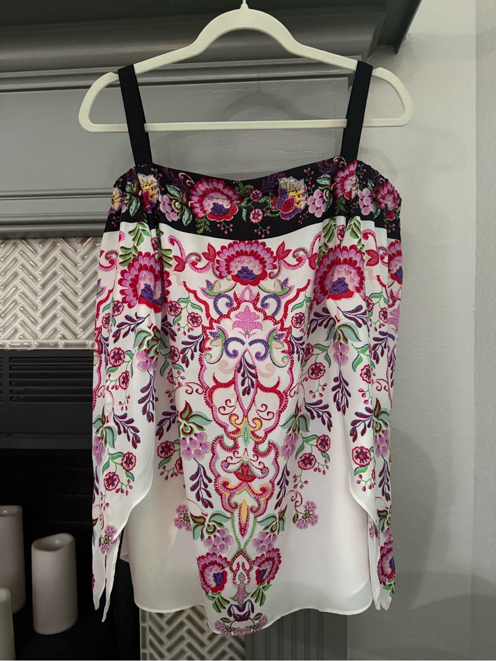 Chenault White Floral Embroidered Look Camisole with Black Straps